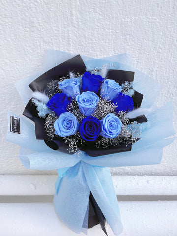 天長地久混藍9枝保鮮玫瑰花束|保鮮花 永生花生日花束 9 blue preserved rose bouquet