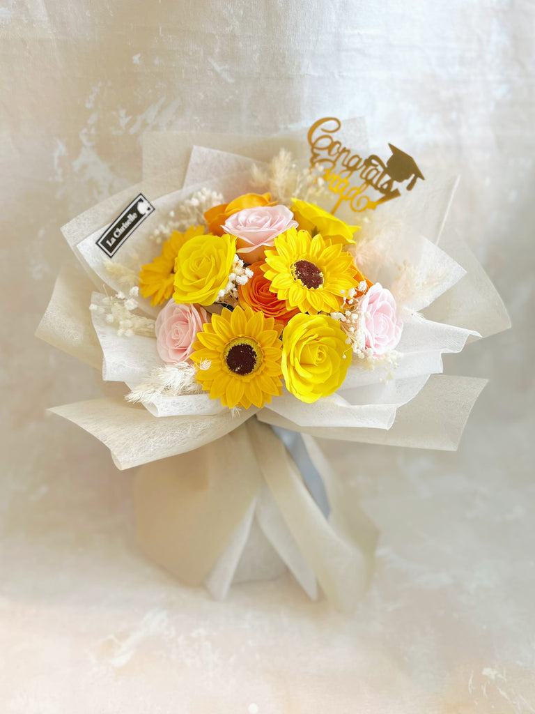 畢業花束系列— 燦爛畢業日 玫瑰花 太陽花乾燥花束