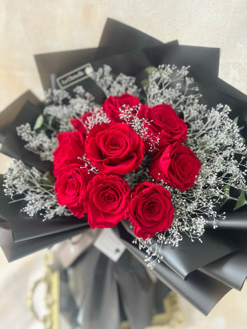 天長地久9枝紅色保鮮玫瑰花永生花束 Forever Love Red Preserved Rose Flower Bouquet