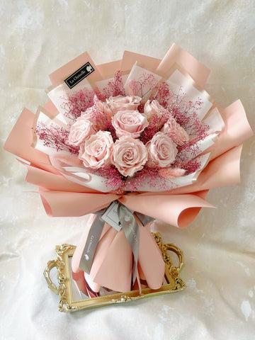 天長地久9枝粉紅保鮮玫瑰花束  永生花Forever Love Preserved Pink Rose  Flower Bouquet