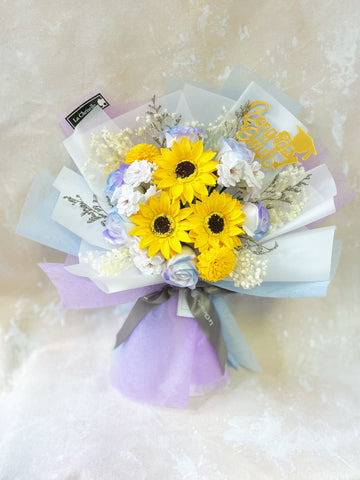 (番梘花)畢業花束系列—畢業快樂 太陽花 玫瑰花 乾燥花束