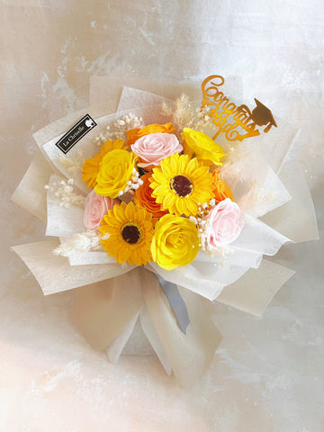 畢業花束系列— 燦爛畢業日 玫瑰花 太陽花乾燥花束