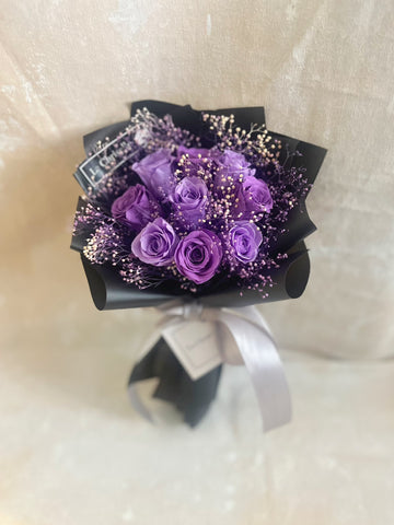 *迷你*版天長地久9枝紫色保鮮玫瑰花束永生花  Le Petit Forever Love Preserved Purple Rose  Flower Bouquet & Necklace
