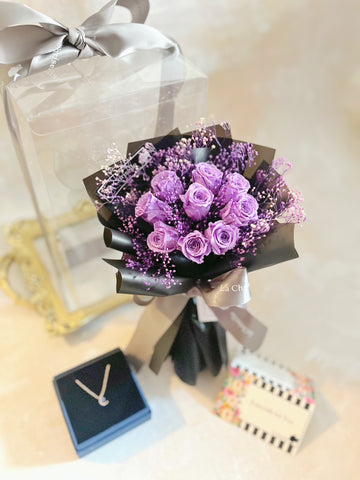 (套裝) (情人節預訂)  new 迷你版天長地久9枝紫色保鮮玫瑰花永生花束  + 頸鏈 Le Petit Forever Love Preserved purple   Rose  Flower Bouquet