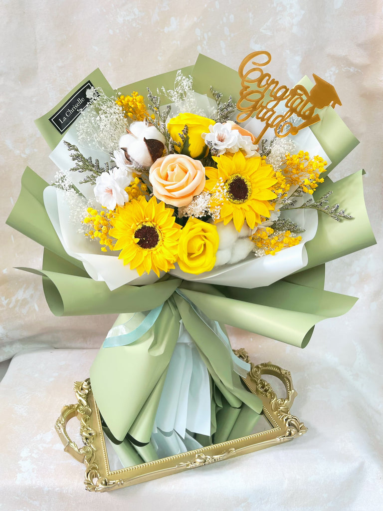 (番梘花)畢業花束系列—綠茶 太陽花 乾燥花束 向日葵