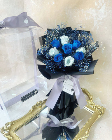 迷你*版天長地久9枝藍色保鮮玫瑰花束  永生花 Le Petit Forever Love Preserved Blue Rose  Flower Bouquet