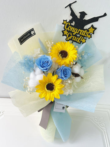 畢業花束系列— 保鮮玫瑰花 番梘太陽花 乾燥花束