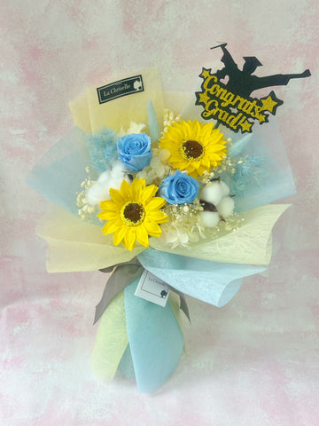 畢業花束系列— 保鮮玫瑰花 番梘太陽花 乾燥花束