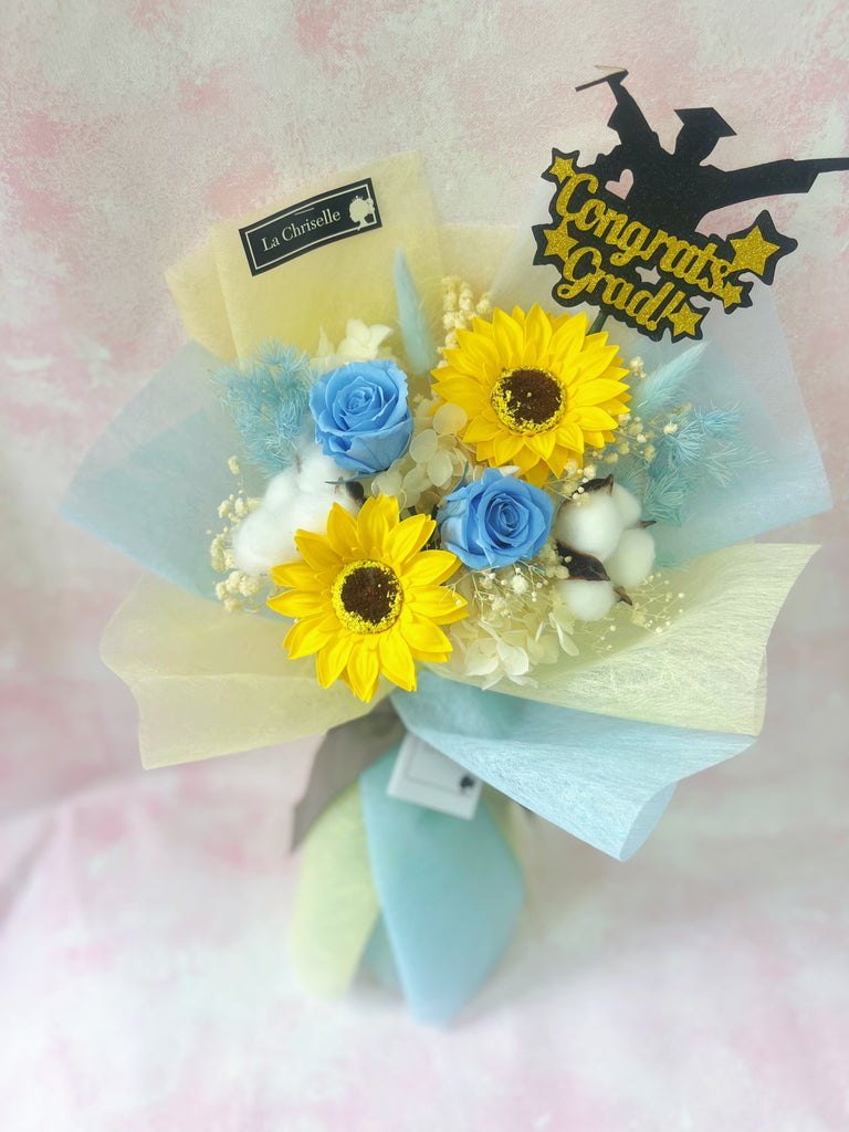 畢業花束系列— 保鮮玫瑰花 番梘太陽花 乾燥花束