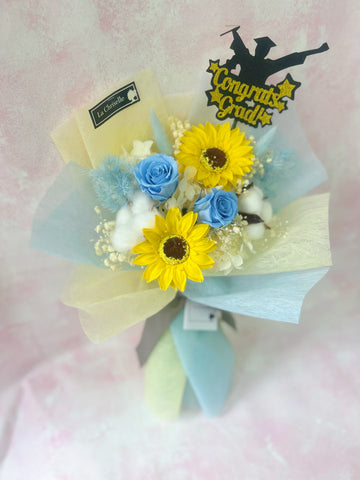 畢業花束系列— 保鮮玫瑰花 番梘太陽花 乾燥花束