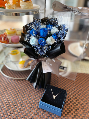 （套裝）迷你版天長地久9枝藍色保鮮玫瑰花永生花束  + 頸鏈 Le Petit Forever Love Preserved  Blue  Rose  Flower Bouquet