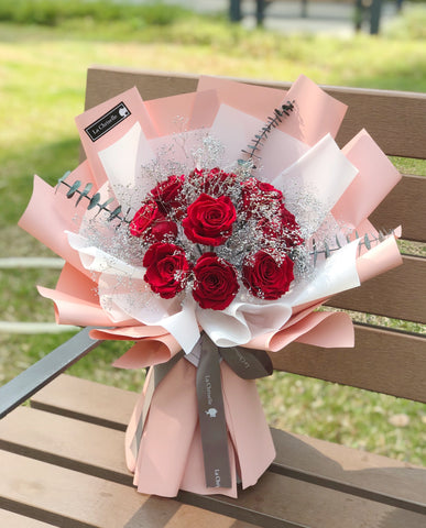 9枝紅色保鮮玫瑰花永生束 Forever Love Preserved red Rose  Flower Bouquet