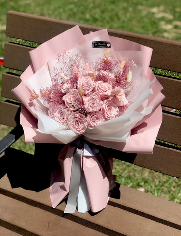  生日求婚 20 枝粉紅色保鮮玫瑰花束 永生花束
