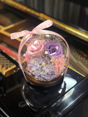 相愛-粉紅粉紫玫瑰花水晶球保鮮花 永生花Pink Purple Rose Preserved Flowers Crystal Ball Gift