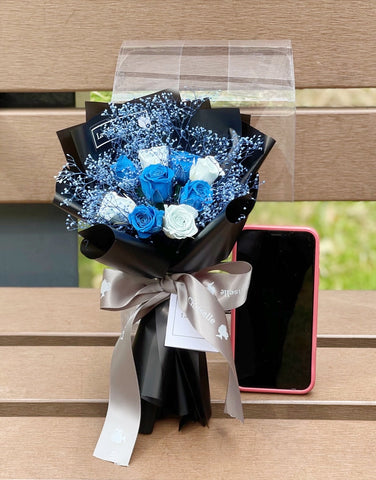 迷你*版天長地久9枝藍色保鮮玫瑰花束  永生花 Le Petit Forever Love Preserved Blue Rose  Flower Bouquet