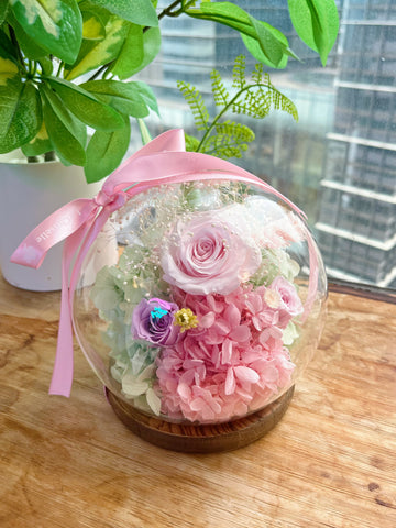 浪漫水晶球保鮮花 玻璃罩 花瓶 擺設 Boule de Cristal Crystal Ball Pink Preserved Flowers