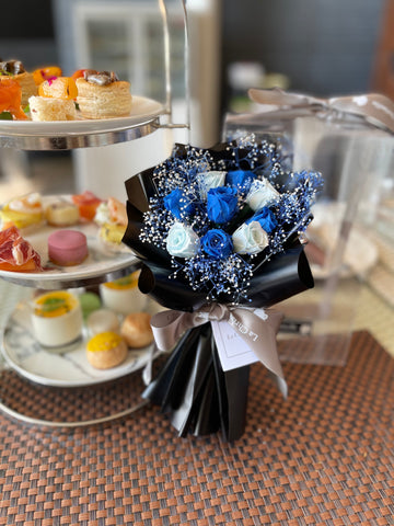 迷你*版天長地久9枝藍色保鮮玫瑰花束  永生花 Le Petit Forever Love Preserved Blue Rose  Flower Bouquet