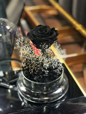 閃耀黑玫瑰花保鮮花禮  永生花 玻璃罩 花瓶 擺設  Mid Night Black Rose Preserved Flowers