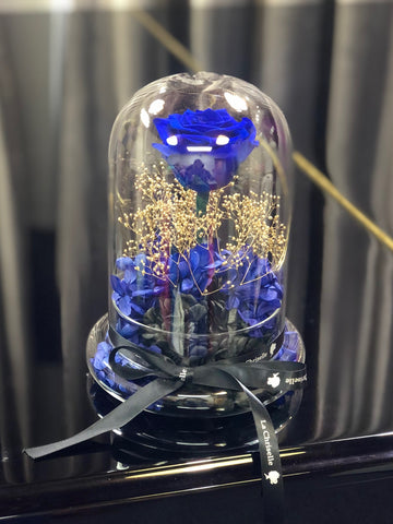 星際夜空藍色大玫瑰保鮮花永生花禮 玻璃罩 花瓶 擺設  Mid Night Starry Sky Blue Preserved Flowers