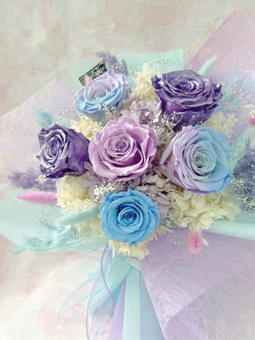夢幻小飛馬-6枝紫粉藍色保鮮玫瑰花束 永生花 Unicorn Color  Preserved Roses Bouquet