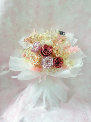 公主的約會-6枝香檳色/紅色/玫瑰金色保鮮玫瑰花束 永生花 Magical World Preserved Roses Bouquet 