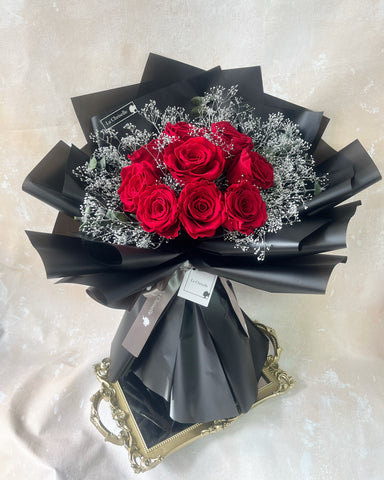 （314 白色情人節優惠）天長地久9枝紅色保鮮玫瑰花永生花束 Forever Love Red Preserved Rose Flower Bouquet
