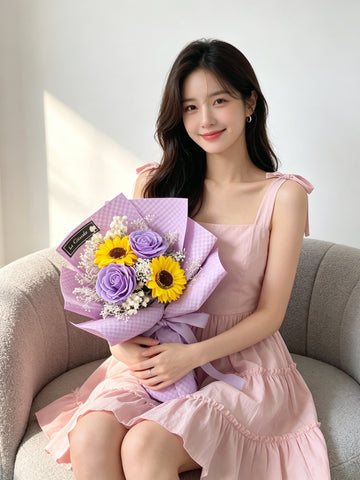 （番梘花) 小花束紫色-畢業花束系列—太陽花 玫瑰花 小學畢業花束