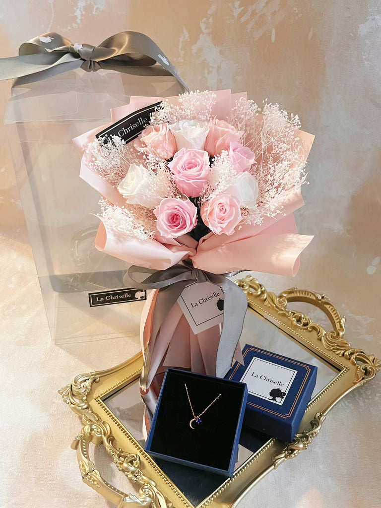 *迷你* 版天長地久9枝粉紅白保鮮玫瑰花永生花束  Le Petit Forever Love Preserved Pink Rose  Flower Bouquet