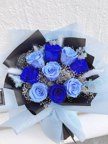 天長地久混藍9枝保鮮玫瑰花束｜保鮮花 永生花生日花束 9 blue preserved rose bouquet