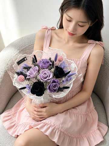 （現貨）永生花 法式浪漫 6枝黑色紫色保鮮玫瑰花束 生日花束 Preserved Flower Bouquet
