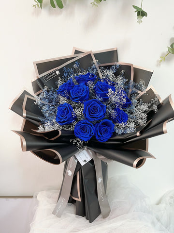 (情人節預訂）天長地久9 枝貴族藍保鮮玫瑰花永生花束 Forever Love 9 Navy Blue Preserved Roses Bouquet