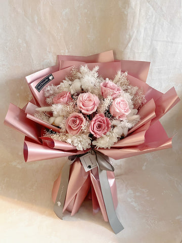 （情人節預訂）永恆的愛 6枝粉紅豆沙色系保鮮玫瑰花束｜保鮮花 永生花生日花束6pink preserved rose bouquet