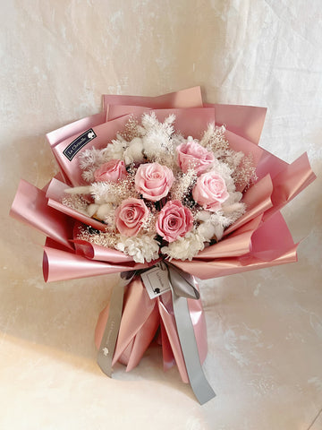 （情人節預訂）永恆的愛 6枝粉紅豆沙色系保鮮玫瑰花束｜保鮮花 永生花生日花束6pink preserved rose bouquet