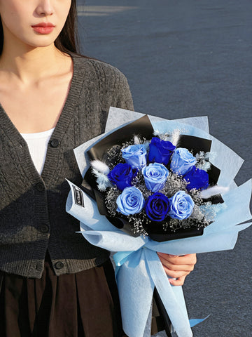 天長地久混藍9枝保鮮玫瑰花束｜保鮮花 永生花生日花束 9 blue preserved rose bouquet