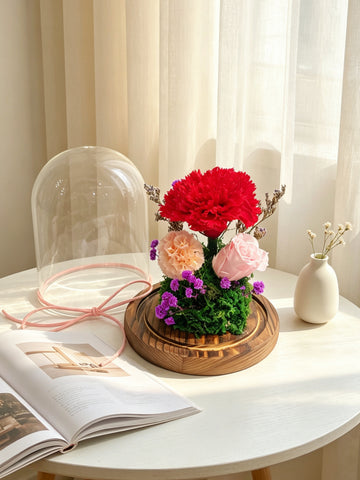 母親節系列 紅色康乃馨 保鮮花 永生花擺設 玻璃罩 花瓶 Mother’s Day Preserved Flower