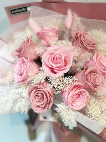 天長地久 9 枝粉紅豆沙色系保鮮玫瑰花束｜保鮮花 永生花生日花束6pink preserved rose bouquet