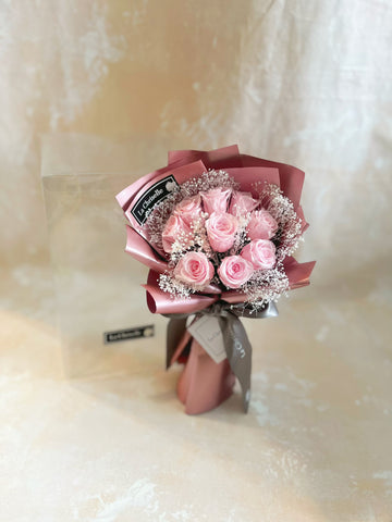 迷你*版天長地久9枝粉紅色保鮮玫瑰花永生花束  玫瑰金色花紙 Le Petit Forever Love Preserved Pink Rose  Flower Bouquet