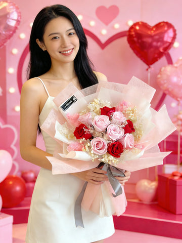 (情人節預訂)浪漫的一夜 10枝保鮮玫瑰花束｜保鮮花 永生花生日花束 pink red preserved flower bouquet