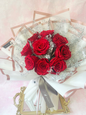 天長地久9枝紅色保鮮玫瑰花永生花束 Forever Love Red Preserved Rose Flower BouqueT