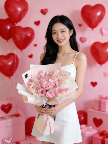 (情人節預訂) 甜美 11 枝粉紅色保鮮玫瑰花束｜保鮮花 永生花生日花束 11 Pink Rose Preserved Flower Bouquet