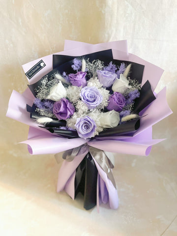 （情人節預訂）天長地久混紫9枝保鮮玫瑰花束｜保鮮花 永生花生日花束 9 purple  preserved rose bouquet