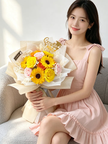 (番梘花）畢業花束系列— 燦爛畢業日 玫瑰花 太陽花乾燥花束