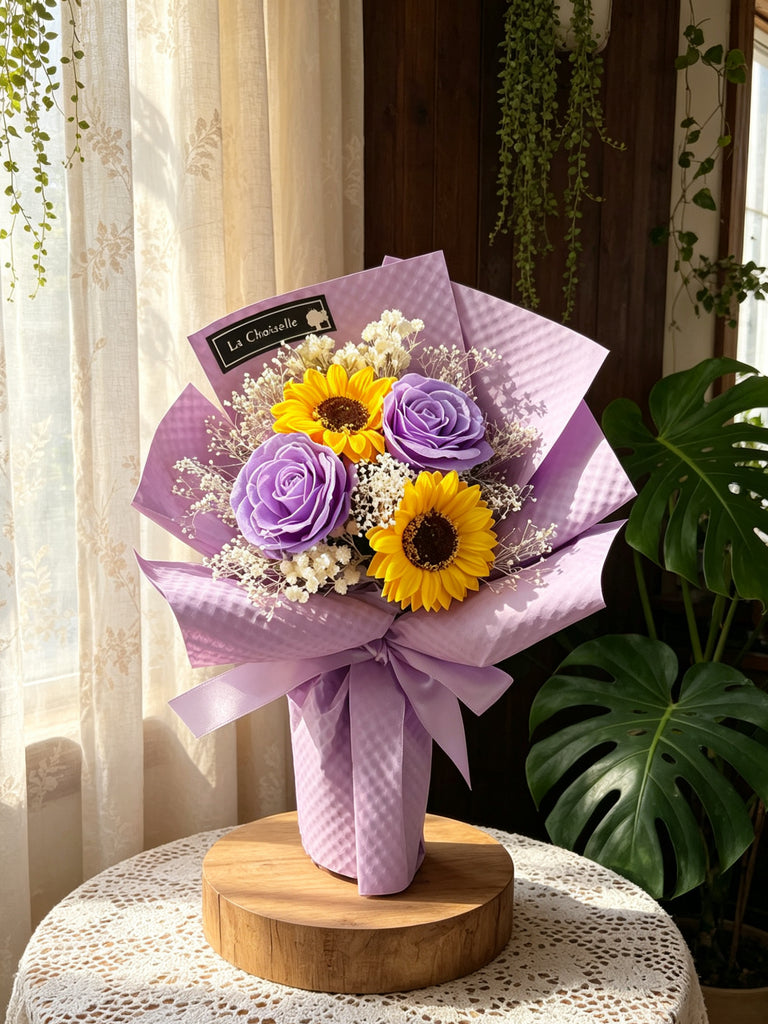 （番梘花) 小花束紫色-畢業花束系列—太陽花 玫瑰花 小學畢業花束
