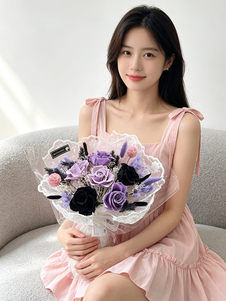 （現貨）永生花 法式浪漫 6枝黑色紫色保鮮玫瑰花束 生日花束 Preserved Flower Bouquet