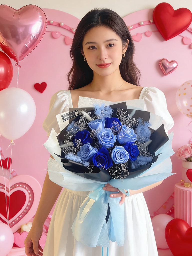 （情人節預訂）天長地久混藍9枝保鮮玫瑰花束｜保鮮花 永生花生日花束 9 blue preserved rose bouquet