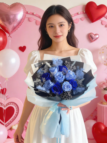 （情人節預訂）天長地久混藍9枝保鮮玫瑰花束｜保鮮花 永生花生日花束 9 blue preserved rose bouquet
