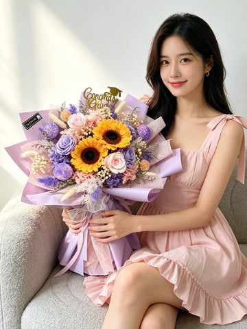 (保鮮花）美麗畢業天 向日葵 + 玫瑰花 畢業花束 中學 小學 幼稚園 大學畢業