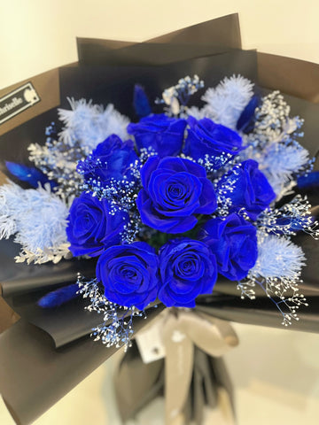 （情人節預訂) 寶藍9枝保鮮玫瑰花束｜保鮮花 永生花生日花束 blue Preserved Flower Bouquet