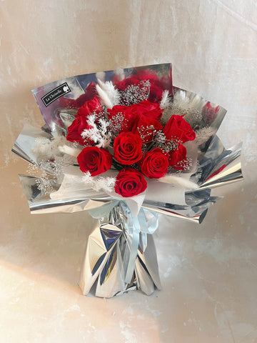 （情人節預訂) 熱情約會11枝紅保鮮玫瑰花束｜保鮮花 永生花生日花束 Pink Puple Preserved Flower Bouquet