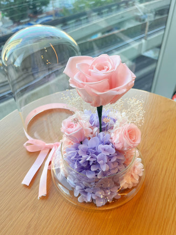 （情人節預訂）浪漫情人 粉紅色 玫瑰花園保鮮花禮 永生花 玻璃罩 花瓶 擺設  Best Seller La Romance in pink  Preserved Flowers